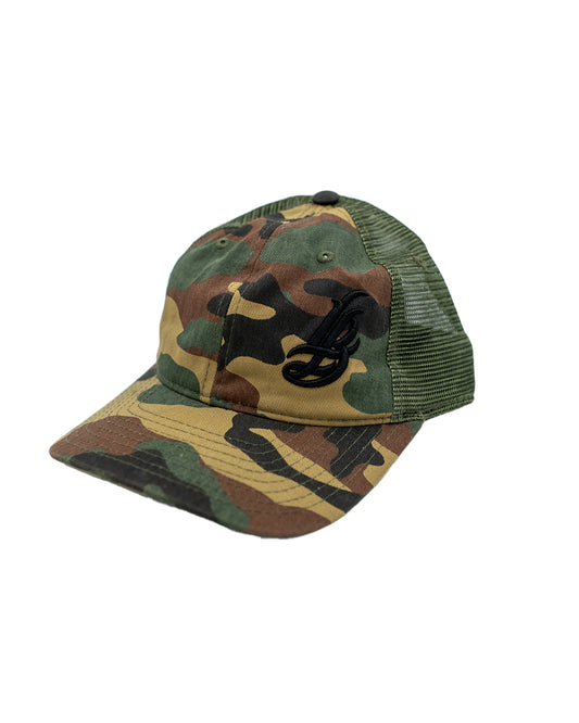 Cursive LB Camo Unstructured Trucker Dad Hat