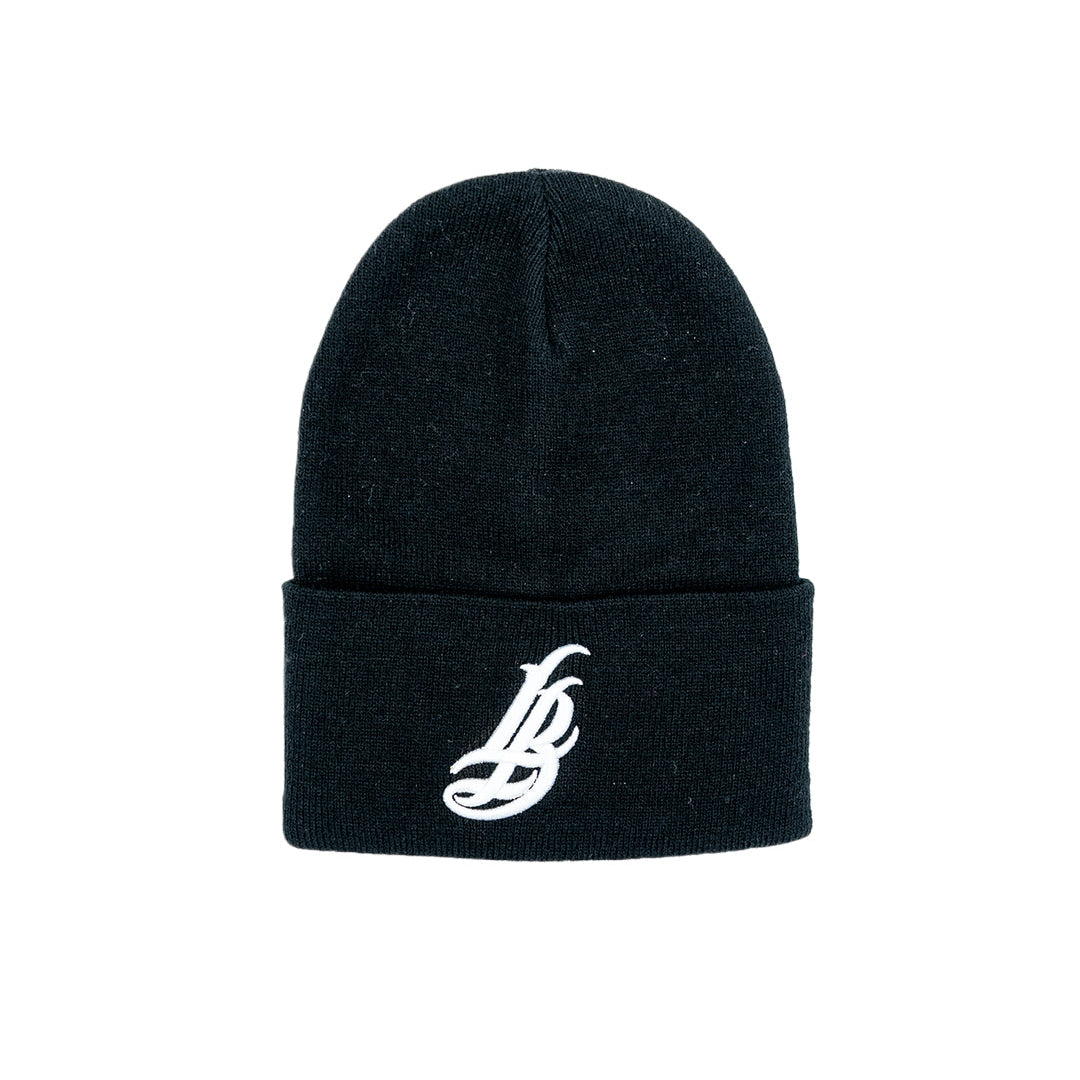 Cursive LB White on Black Long Beanie