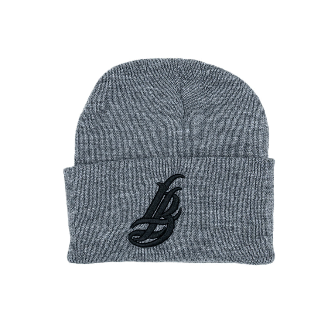 Cursive LB Black on Heather Grey Long Beanie