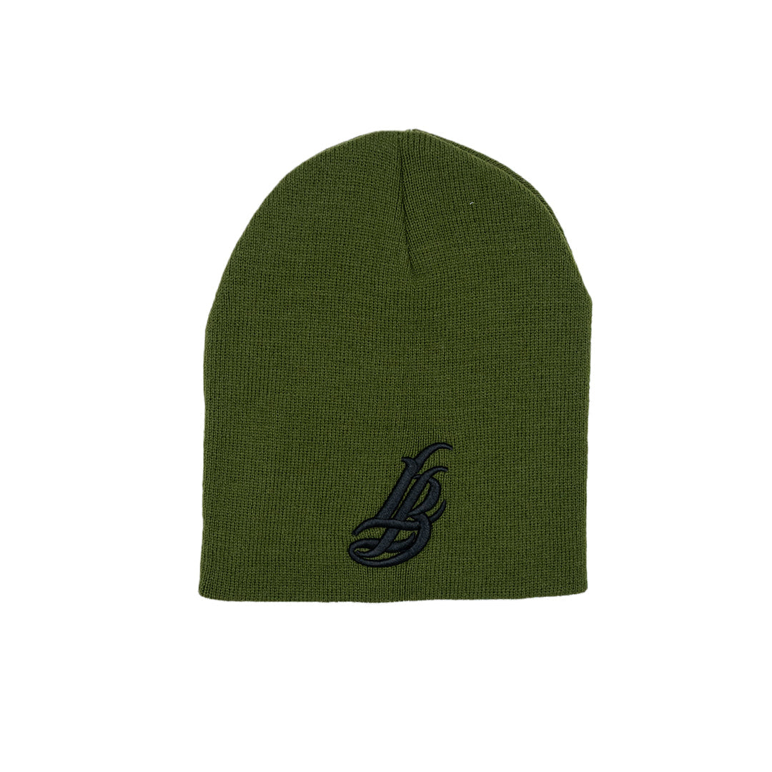 Cursive LB Black on Olive Short Beanie