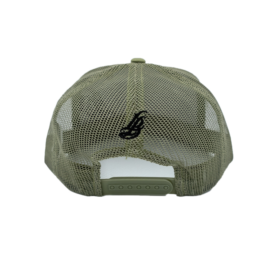 Cursive LB Black on Sage Trucker Hat
