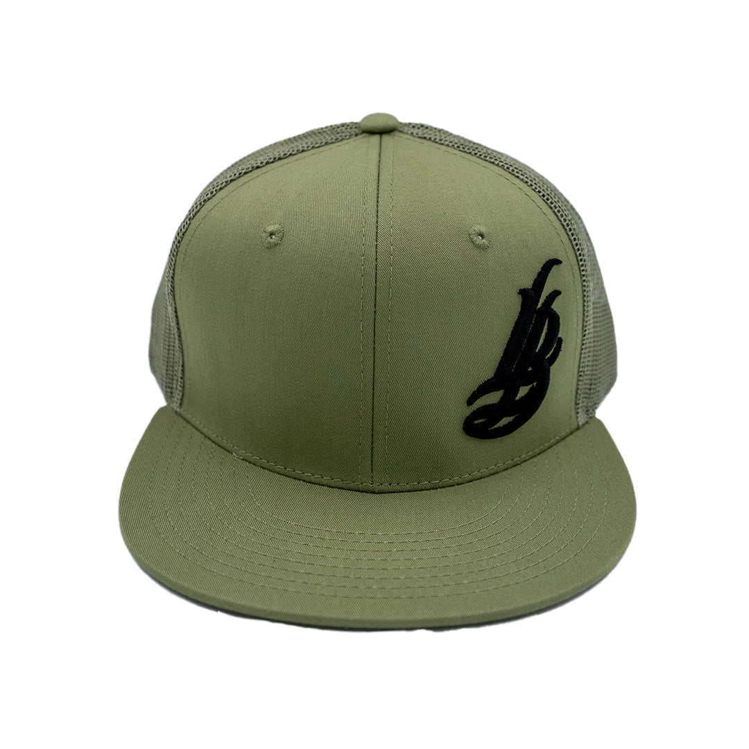 Cursive LB Black on Sage Trucker Hat