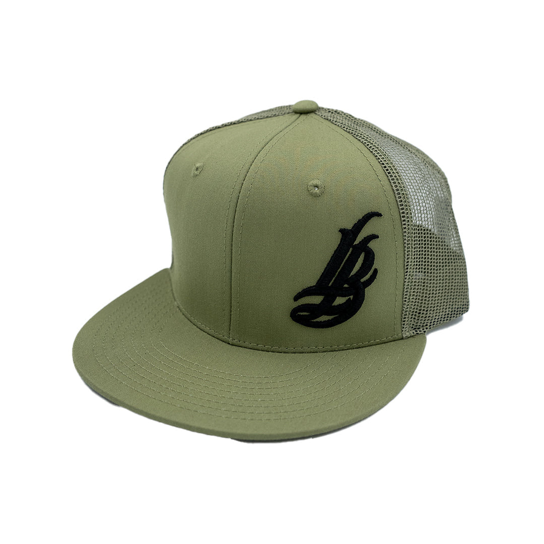 Cursive LB Black on Sage Trucker Hat