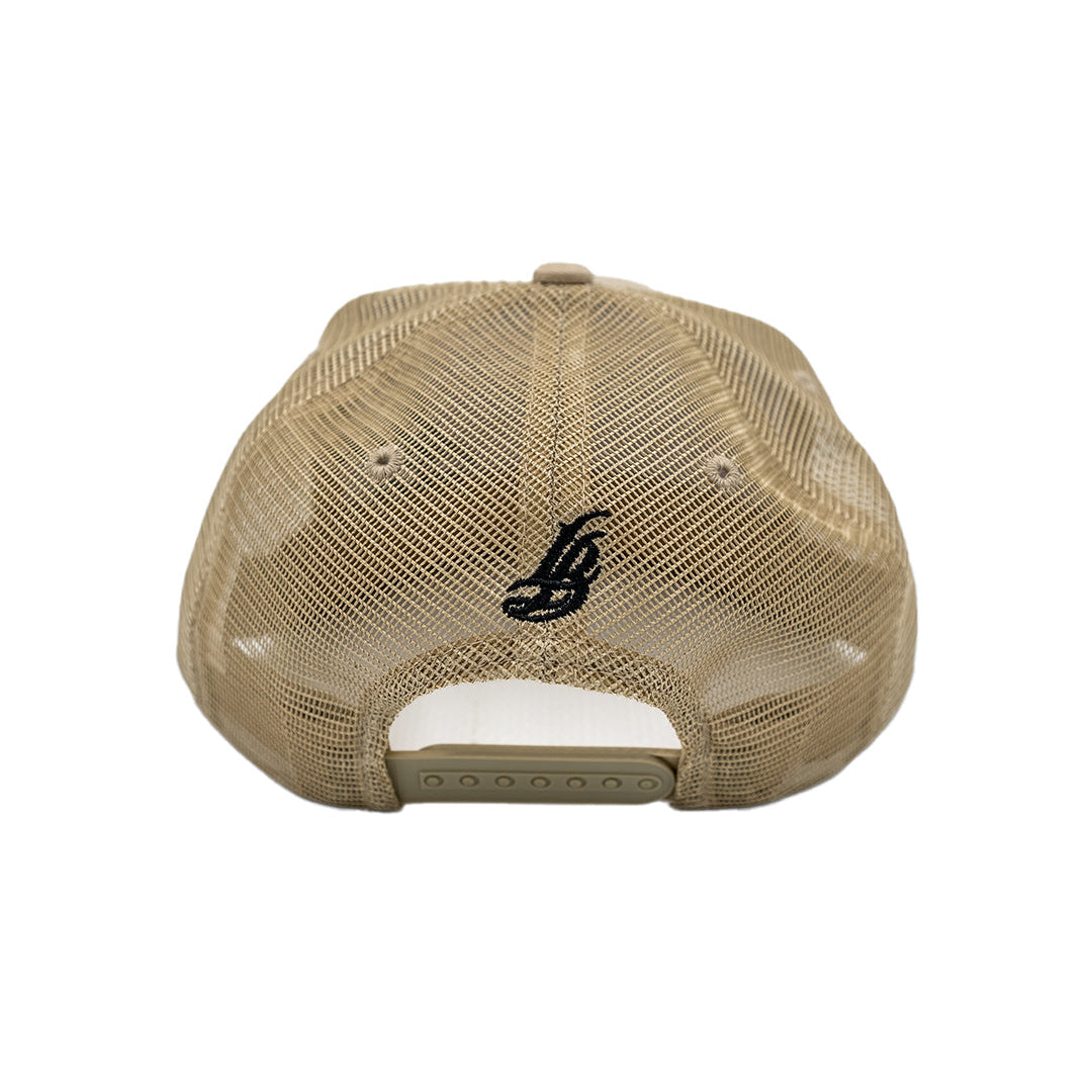 Cursive LB Black on Sandstone Trucker Hat