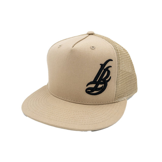 Cursive LB Black on Sandstone Trucker Hat