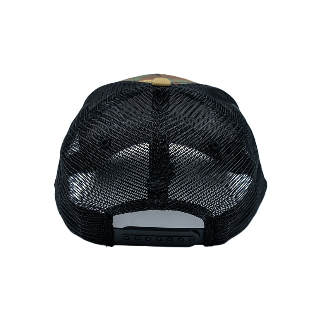 Cursive LB Camo/Black Trucker Baseball Hat
