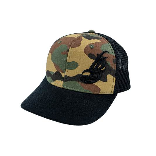 Cursive LB Camo/Black Trucker Baseball Hat