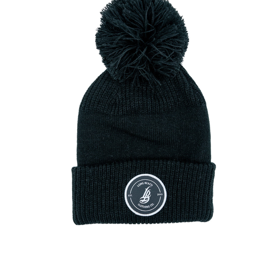 Cursive LB Patch Black Giant Pom Beanie