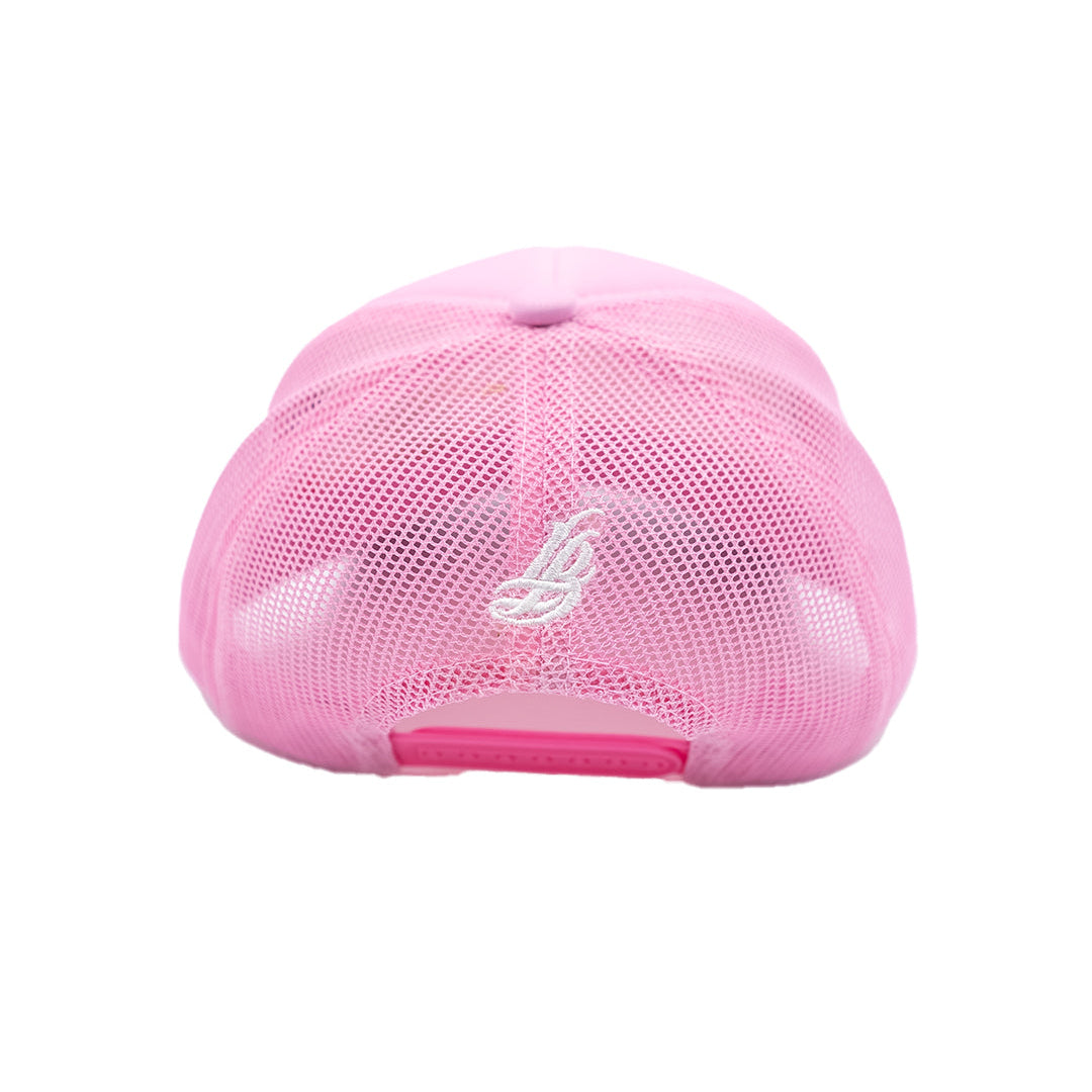 Cursive LB Pink Youth Foam Trucket Hat (Curved Brim)