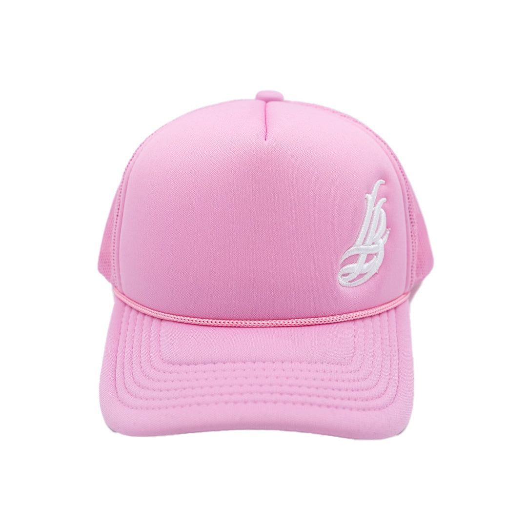 Cursive LB Pink Youth Foam Trucket Hat (Curved Brim)