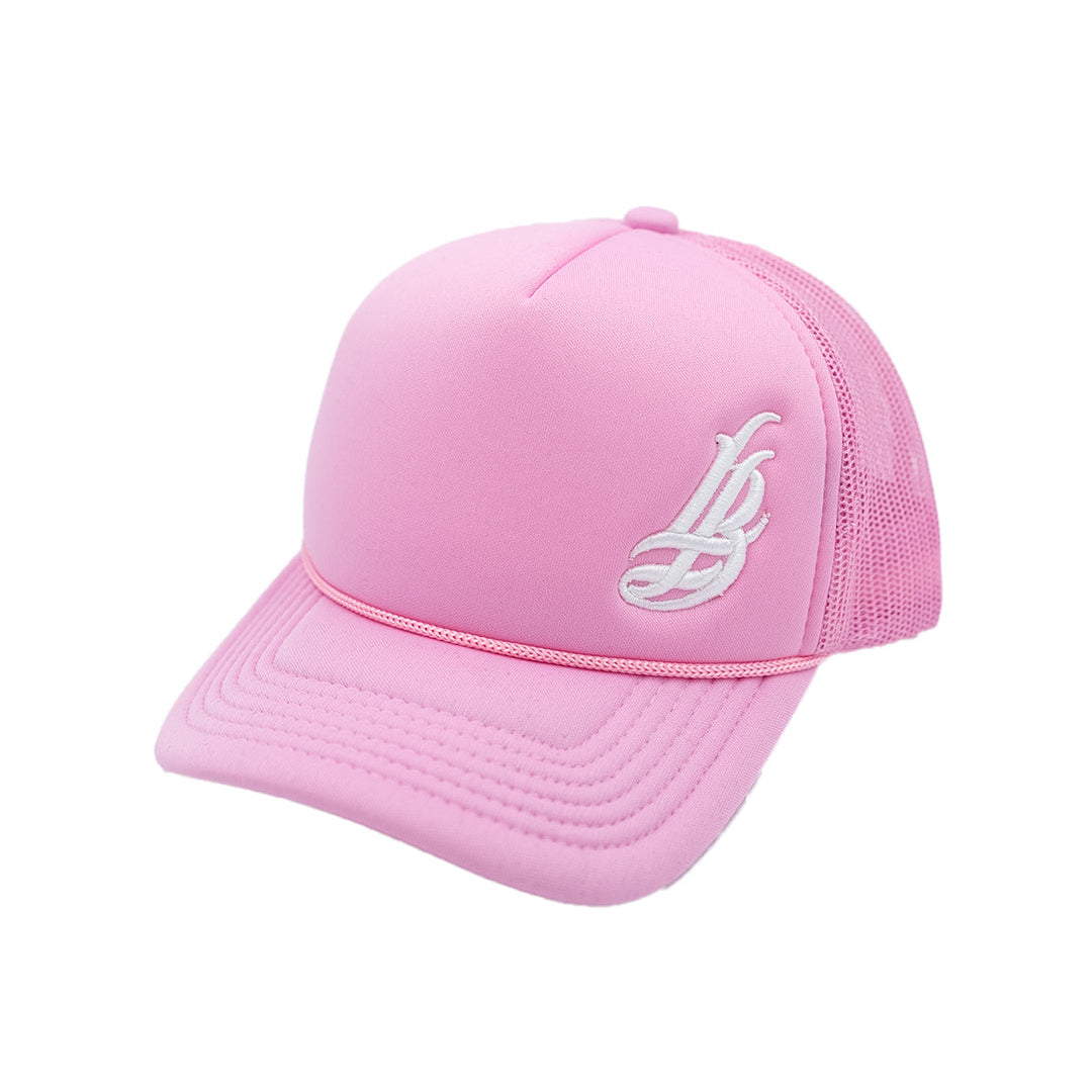 Cursive LB Pink Youth Foam Trucket Hat (Curved Brim)