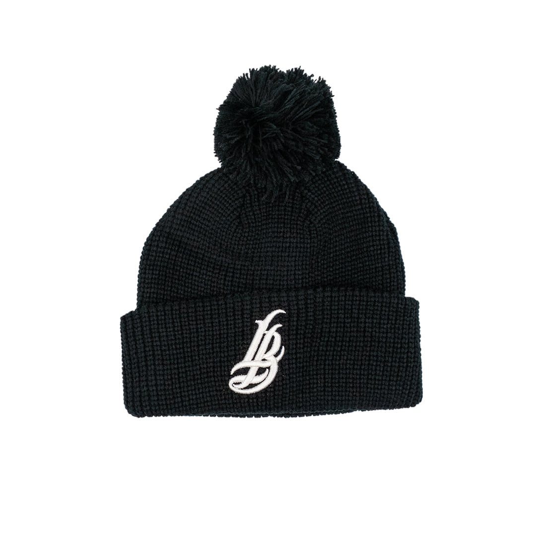 Cursive LB White On Black Pom Beanie