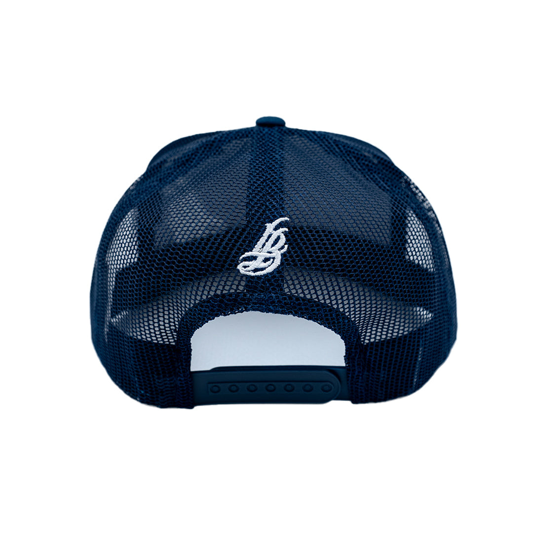 Cursive LB White On Navy Trucker Hat