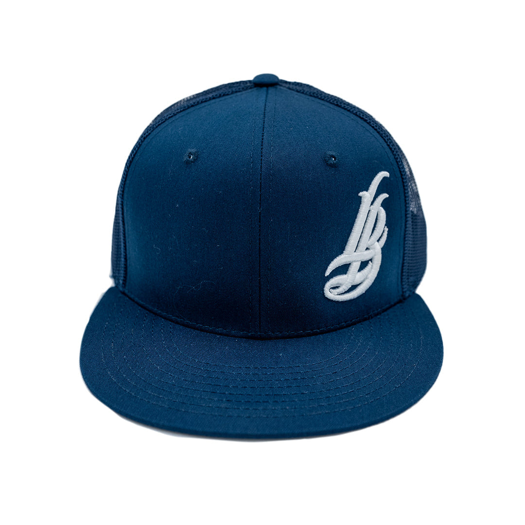 Cursive LB White On Navy Trucker Hat