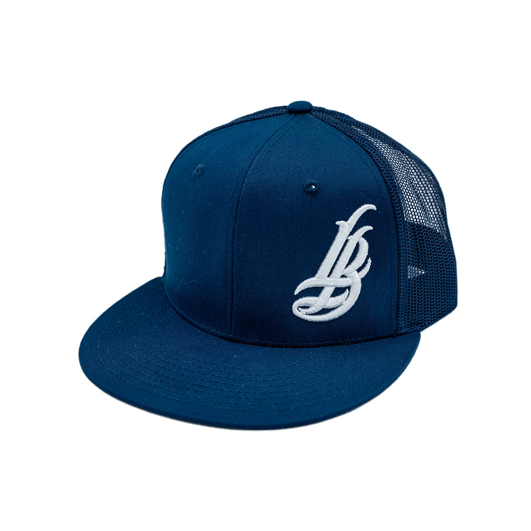 Cursive LB White On Navy Trucker Hat