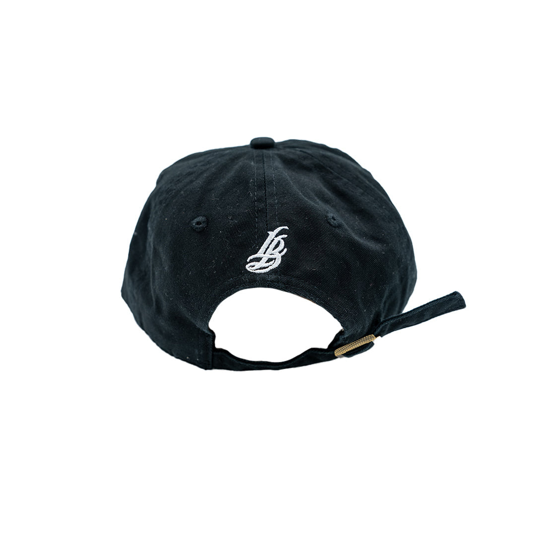 Cursive LB White On Black Unstructured Dad Hat