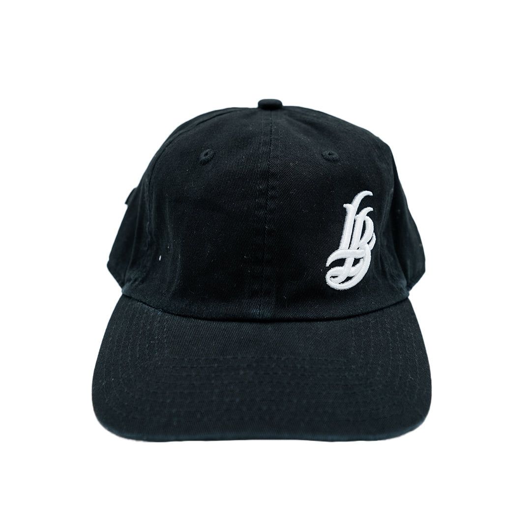 Cursive LB White On Black Unstructured Dad Hat