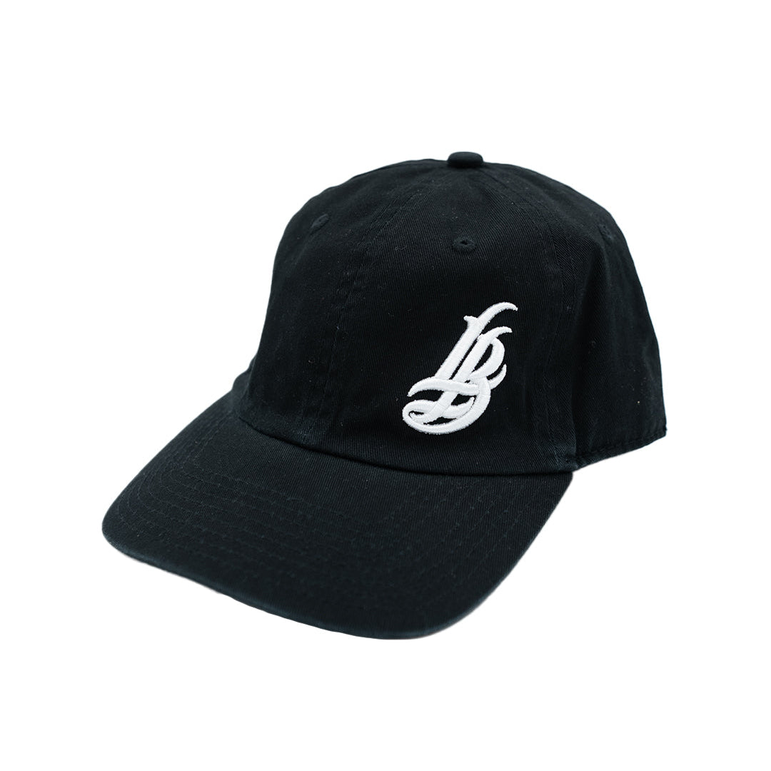 Cursive LB White On Black Unstructured Dad Hat
