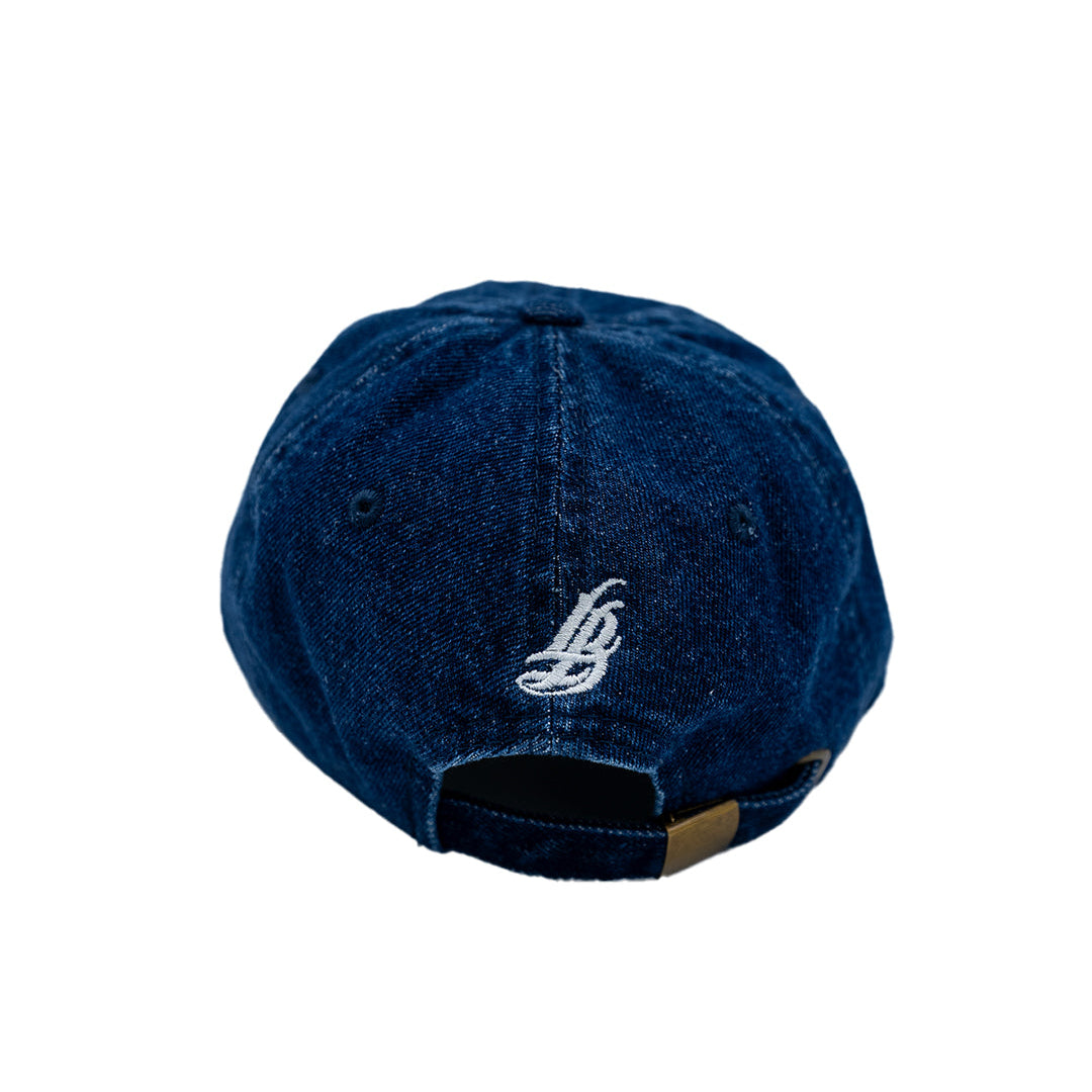 Cursive LB White on Dark Denim Unstructured Dad Hat