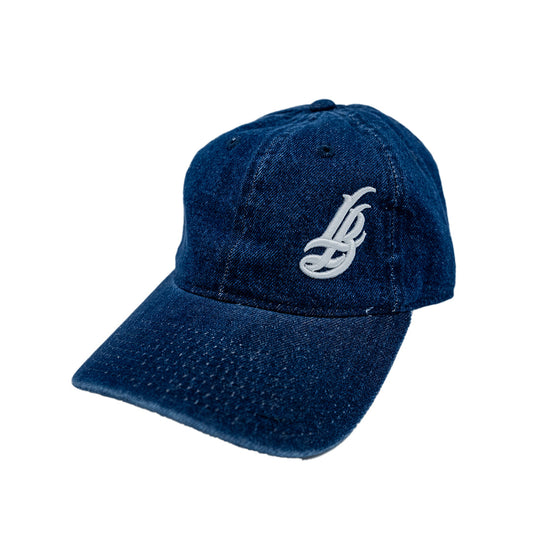 Cursive LB White on Dark Denim Unstructured Dad Hat