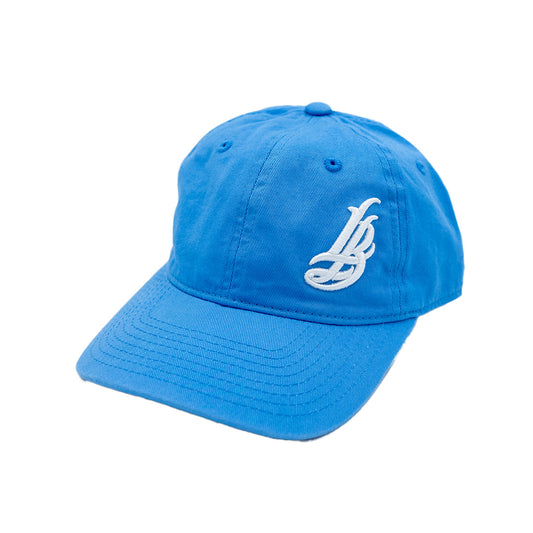 Cursive LB White on Sky Blue Unstructured Dad Hat