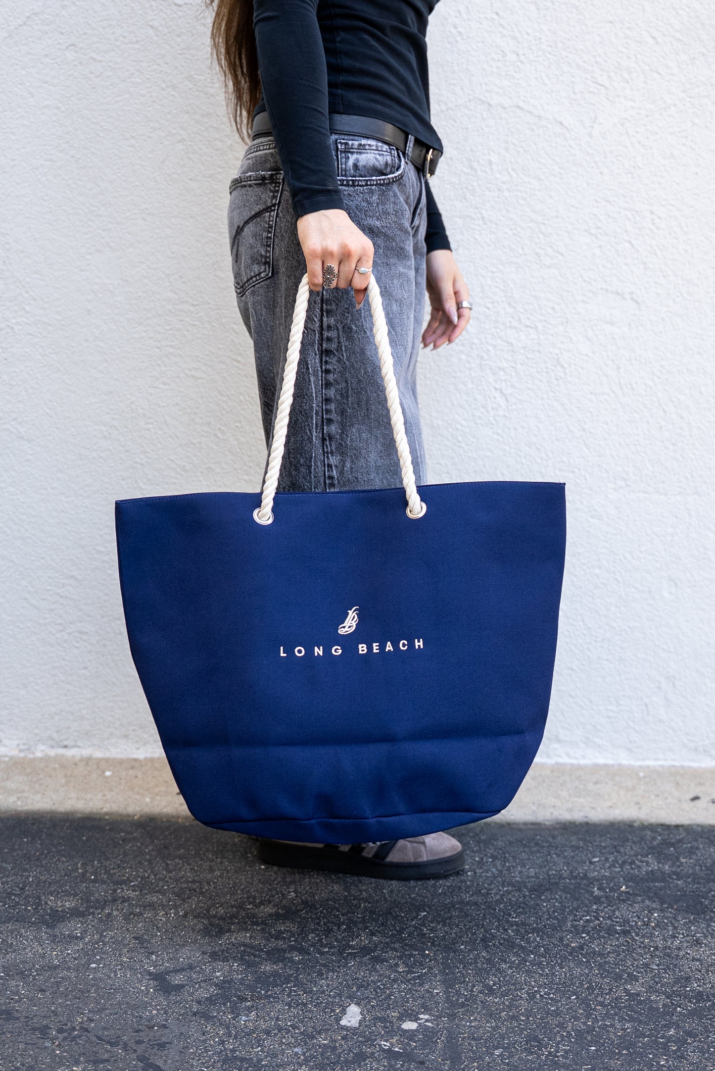 Embroidered Long Beach Navy Rope Tote Bag