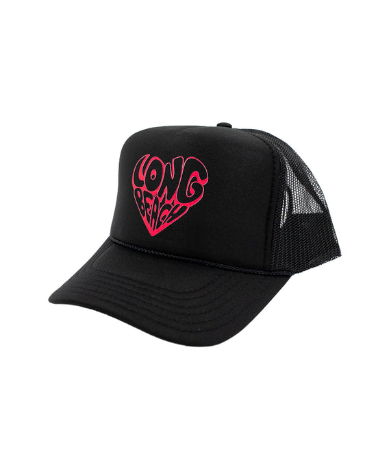 Heart Long Beach Black Foam Trucker Hat (Curved Brim)