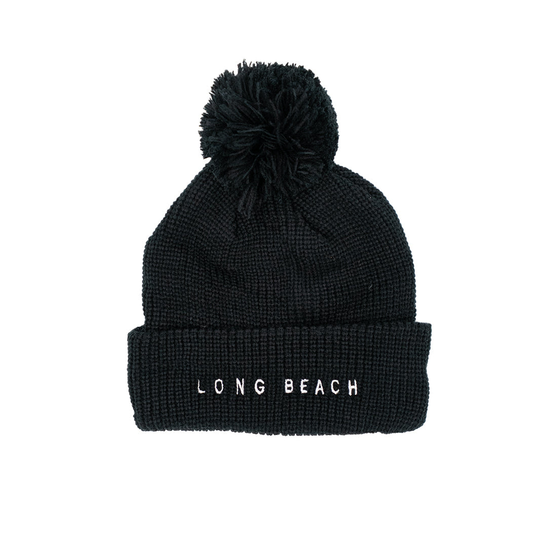 Long Beach Black Pom Long Beanie