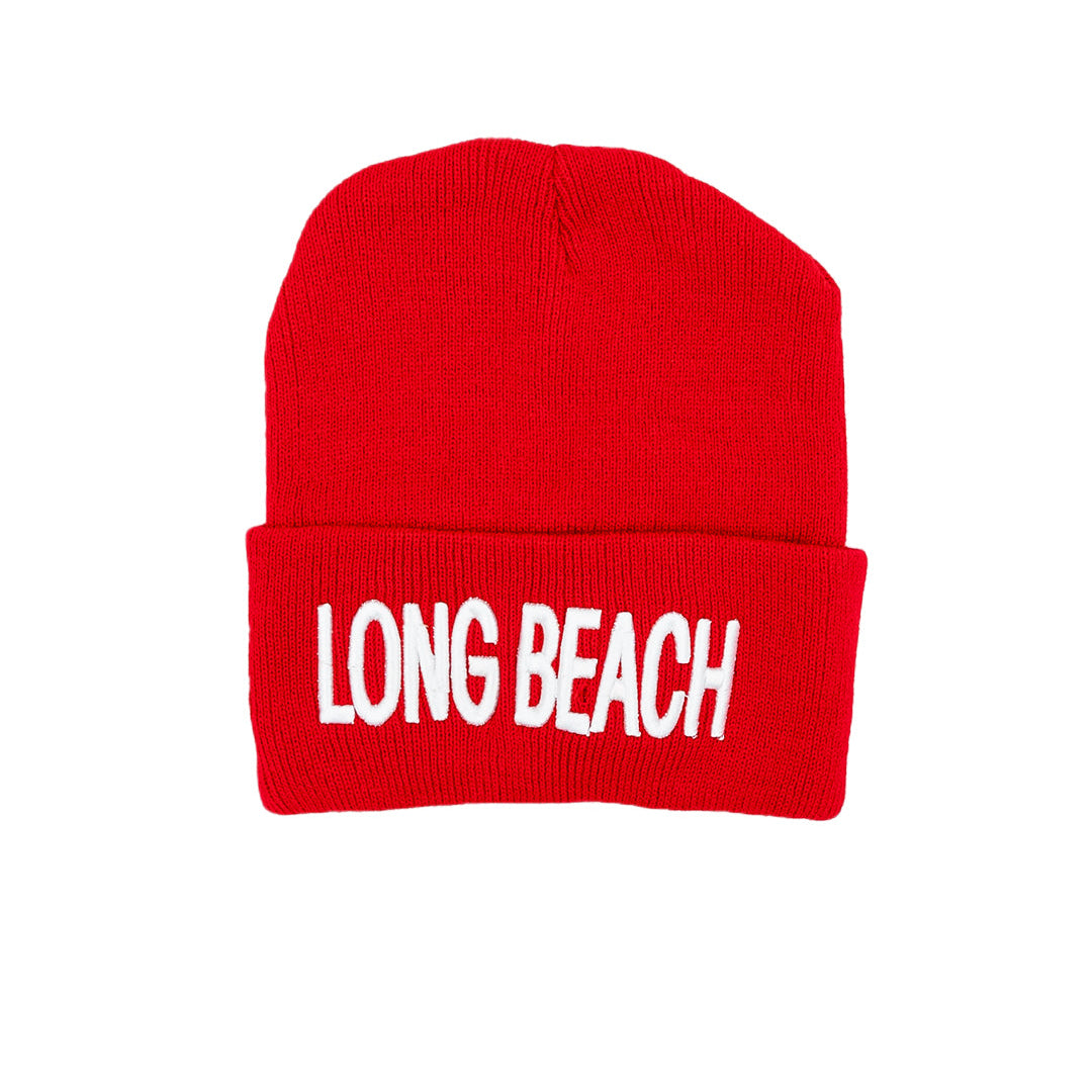 Long Beach Red Block Letter Long Beanie