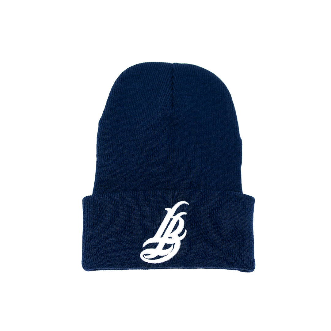 Cursive LB Navy Long Beanie