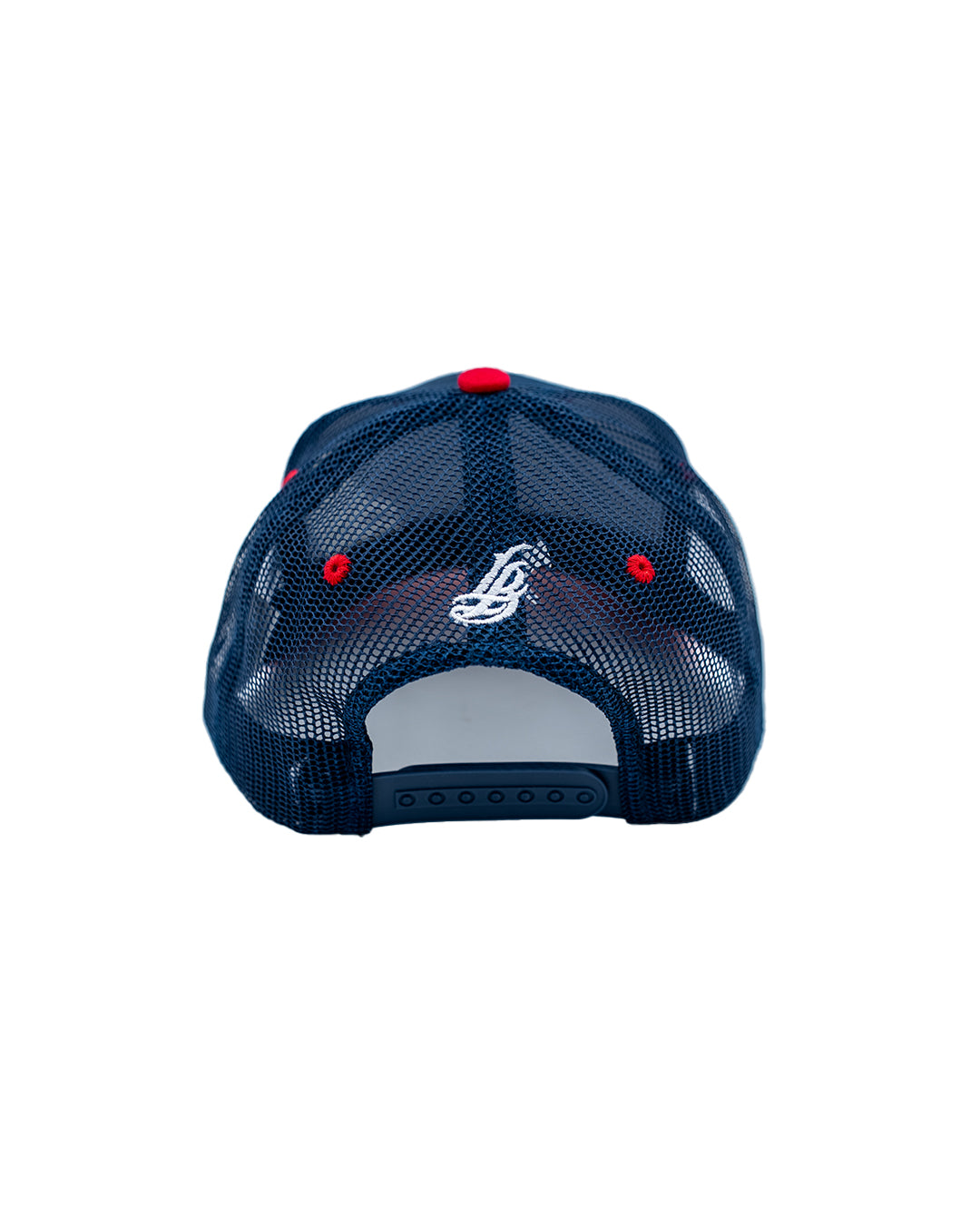 Cursive LB Navy & Red Trucker Baseball Hat