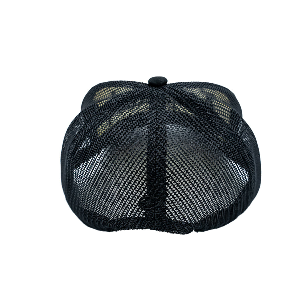 Old English Black & White Foam Front Trucker Hat (Curved Brim)