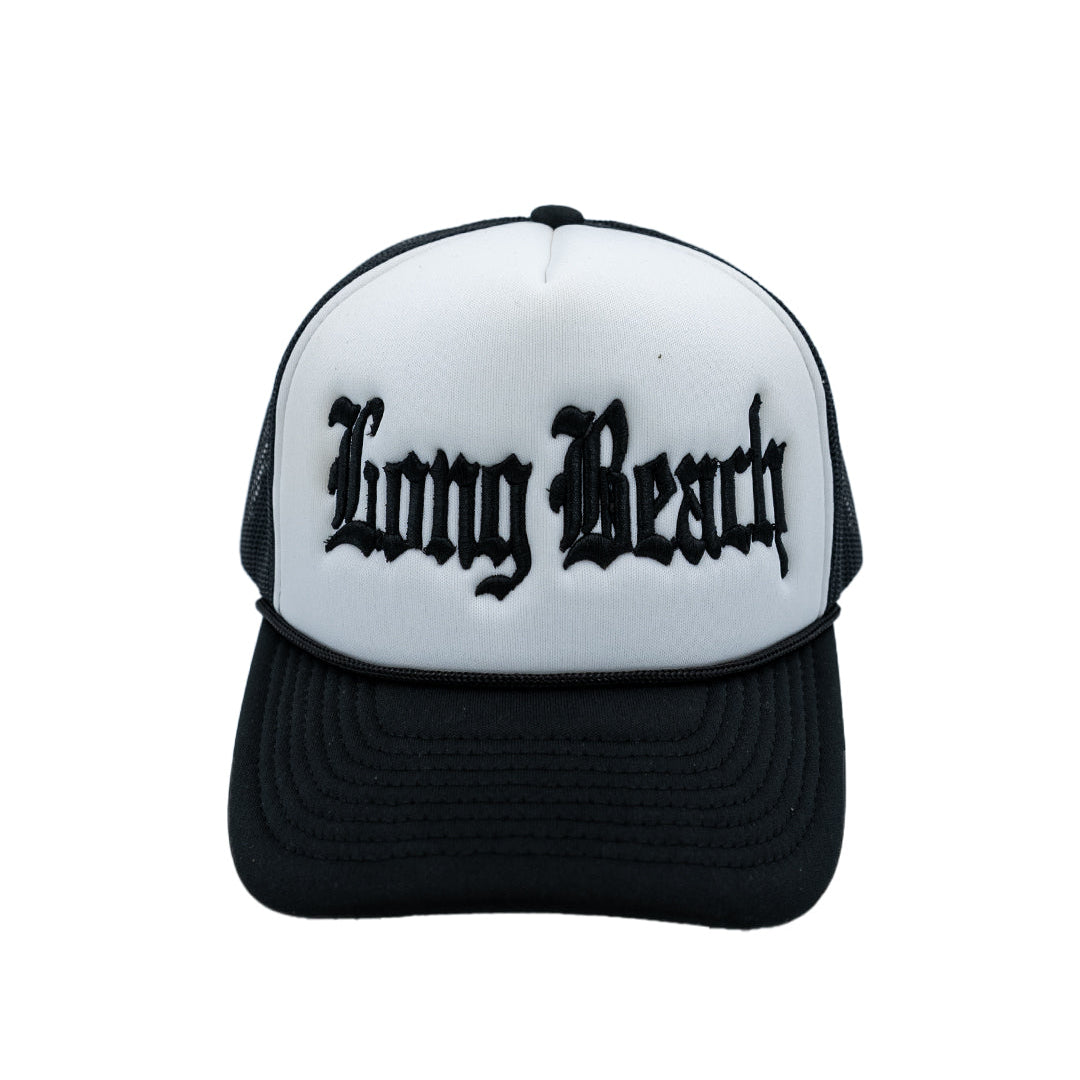 Old English White & Black Foam Youth Trucker Hat (Curved Brim)