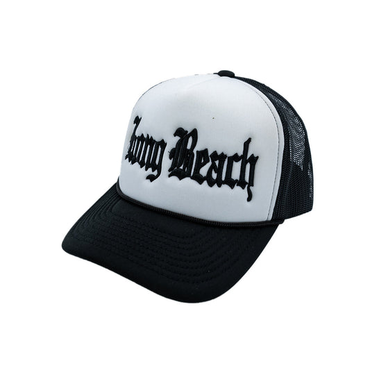 Old English Black & White Foam Front Trucker Hat (Curved Brim)