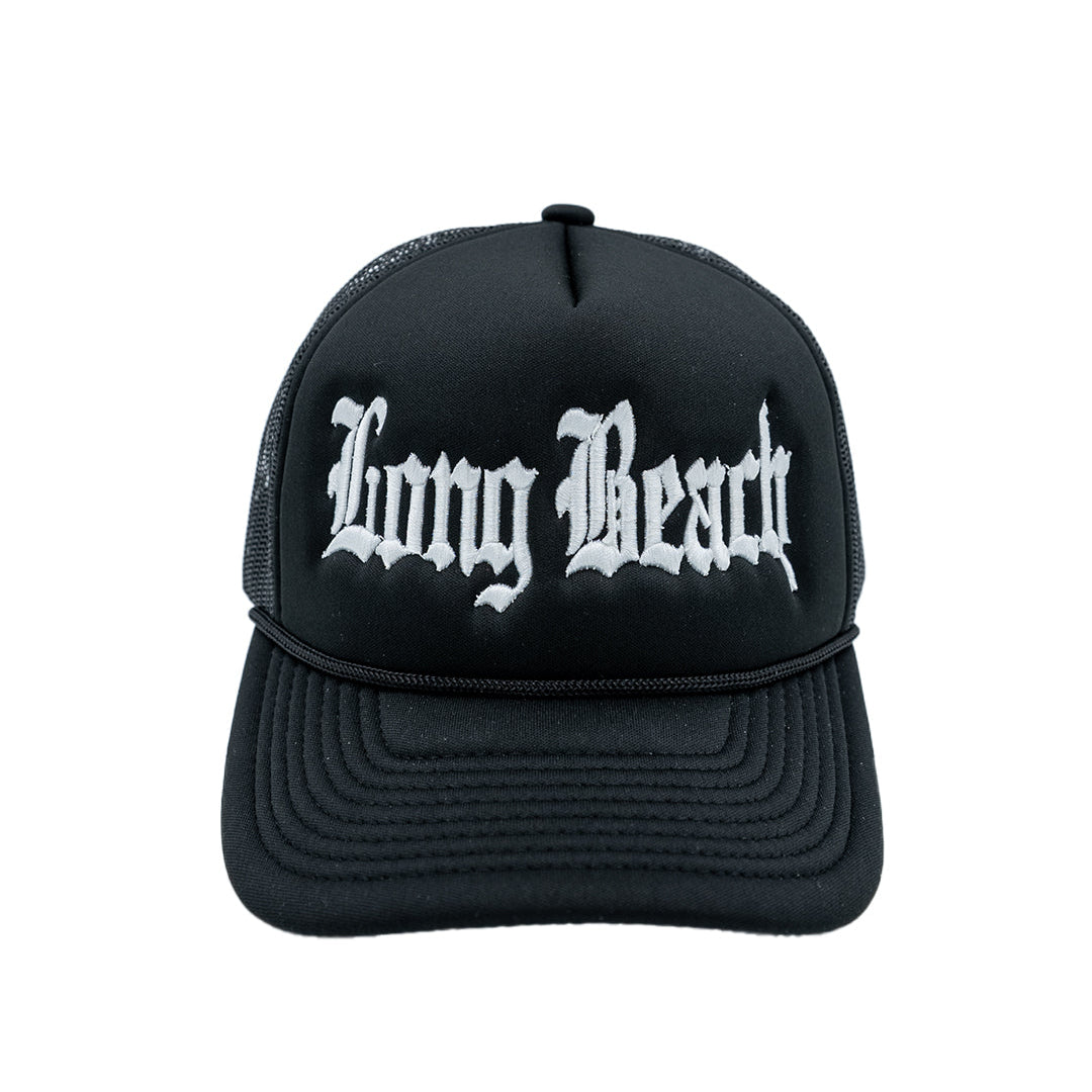 Old English White On Black Foam Front Trucker Hat (Curved Brim)