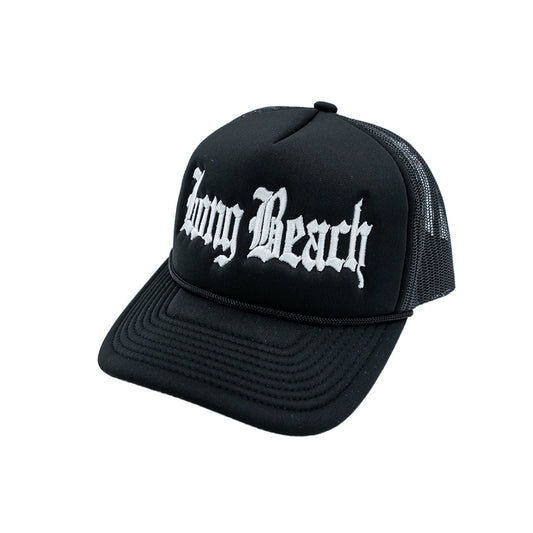 Old English White On Black Foam Front Trucker Hat (Curved Brim)