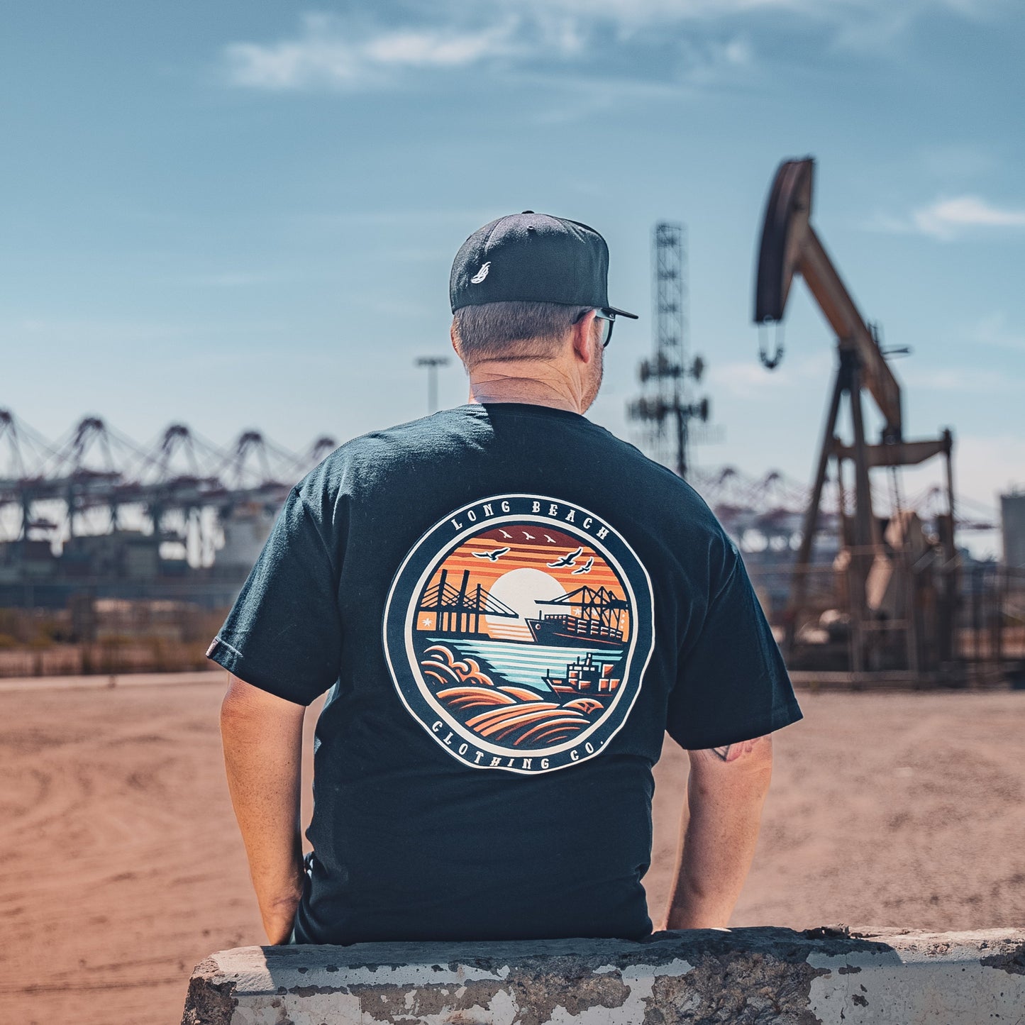 Long Beach Sunset Port Men's Navy T-Shirt