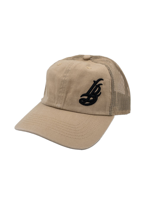 Cursive LB Sand Unstructured Trucker Dad Hat