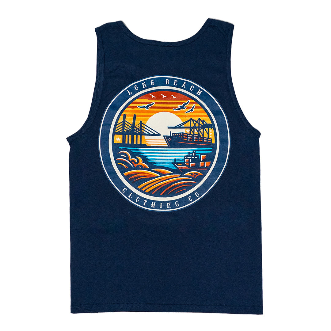 Long Beach Sunset Port Men's Navy Tank Top
