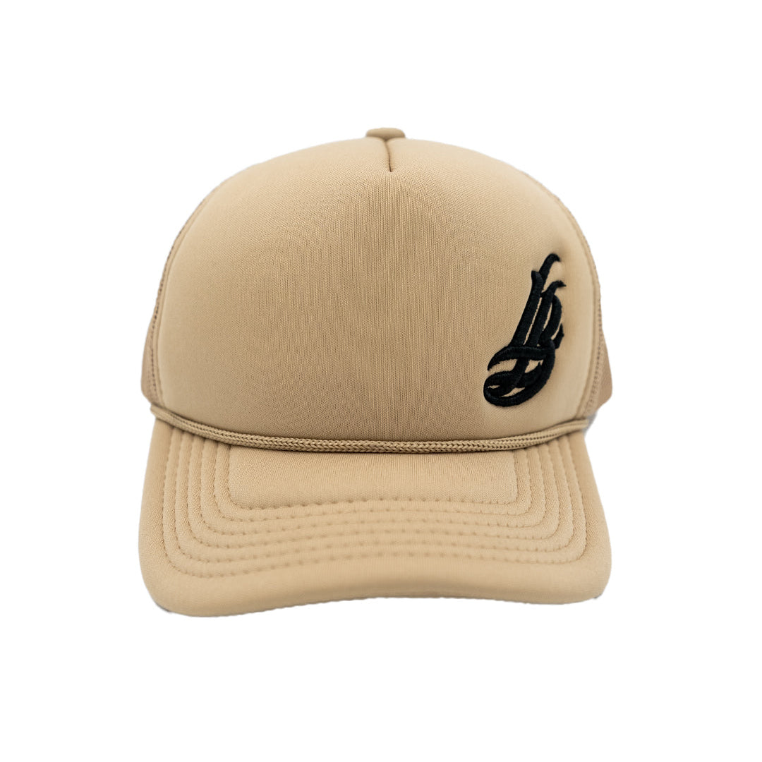 Cursive LB Sand Foam Trucker Hat (Curved Brim)