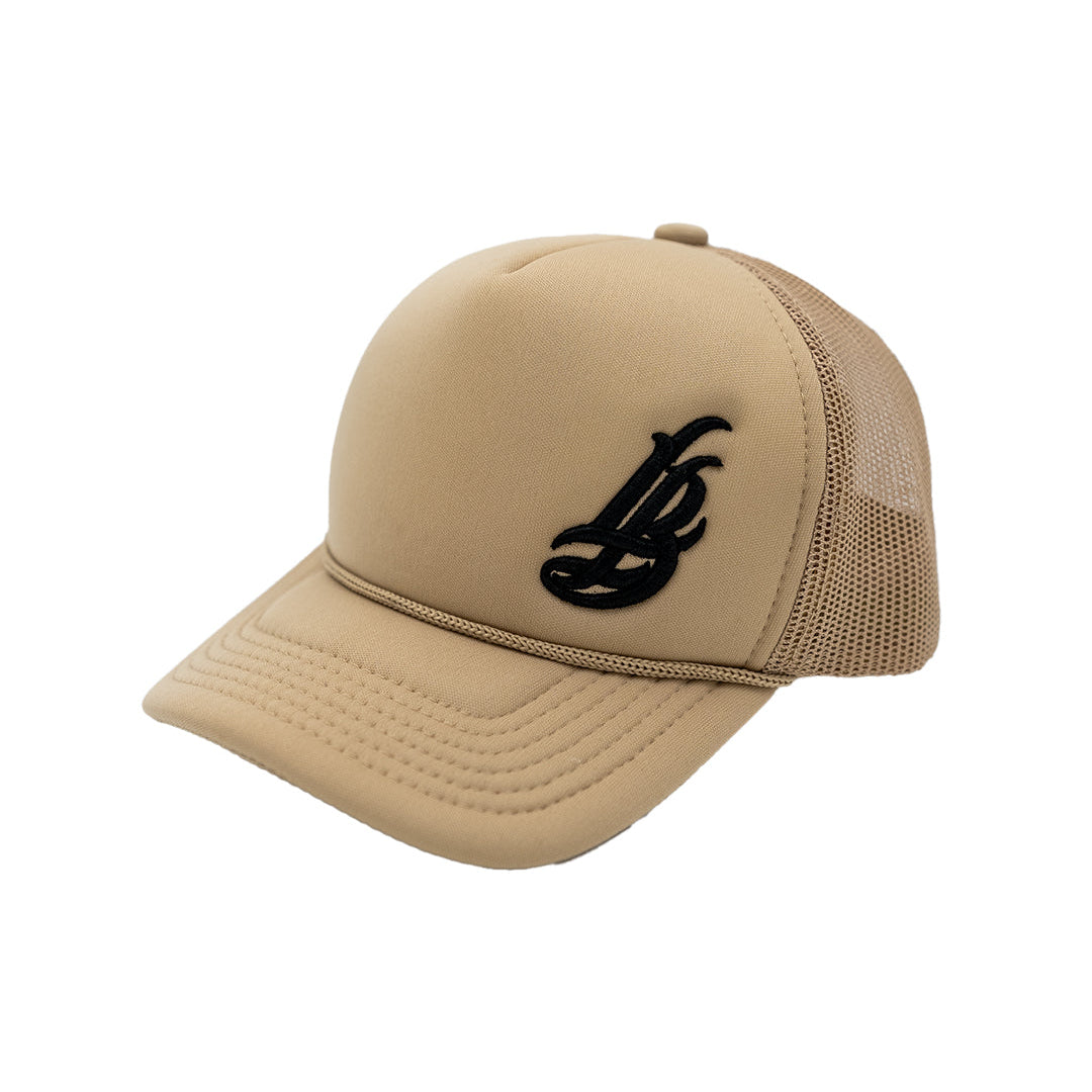 Cursive LB Sand Foam Trucker Hat (Curved Brim)