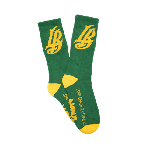 Cursive LB Green & Gold Long Beach Socks