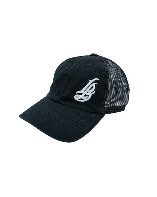Cursive LB Black Unstructured Trucker Dad Hat