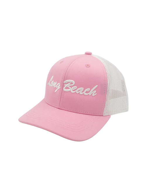 YOUTH Cursive Long Beach Pink & White Trucker Baseball Hat