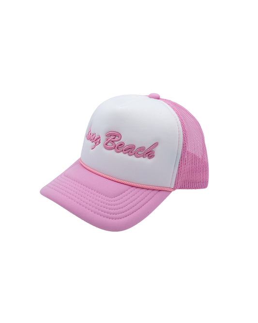 Cursive Long Beach White & Pink YOUTH Foam Trucker Hat (Curved Brim)