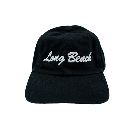 Cursive Long Beach Black Unstructured Dad Hat