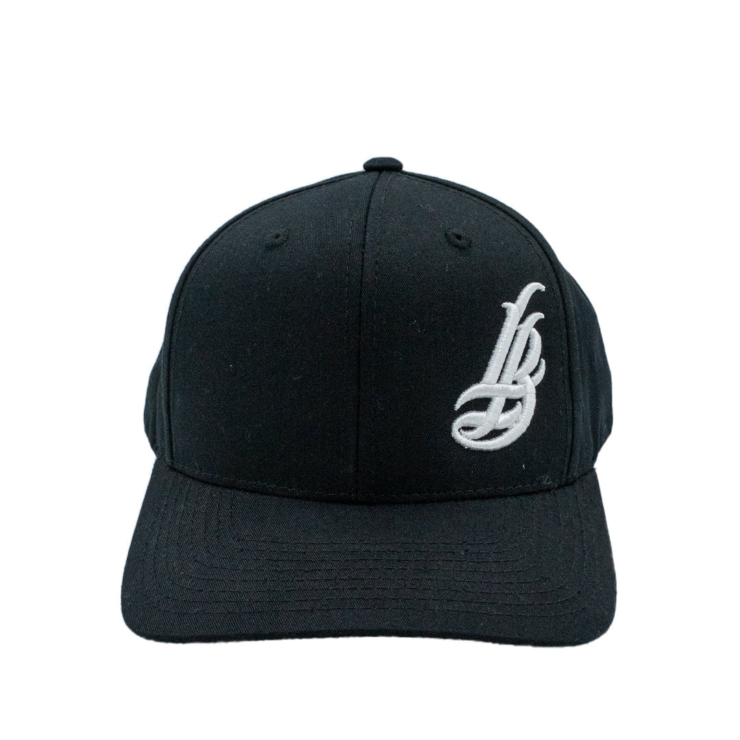 Cursive LB White On Black Baseball Snapback Hat
