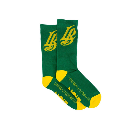 Cursive LB Green & Gold Long Beach Socks