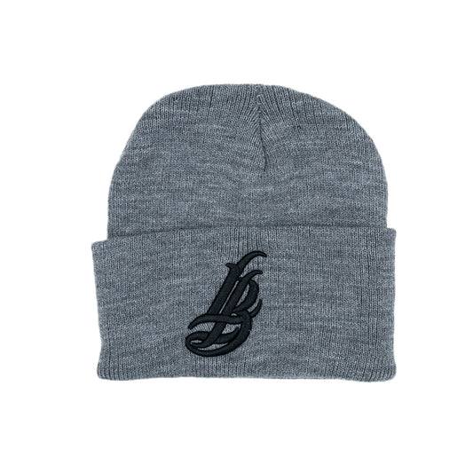 Cursive LB Black on Heather Grey Long Beanie