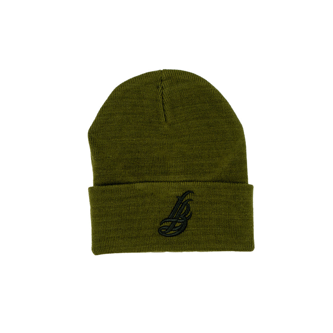 Cursive LB Black on Olive Beanie